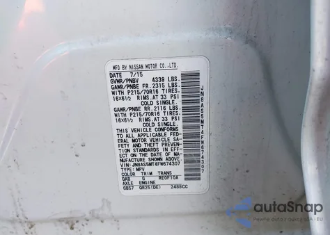 2015 Nissan Rogue Select S z USA, uszkodzony, nr VIN JN8AS5MT4FW674307